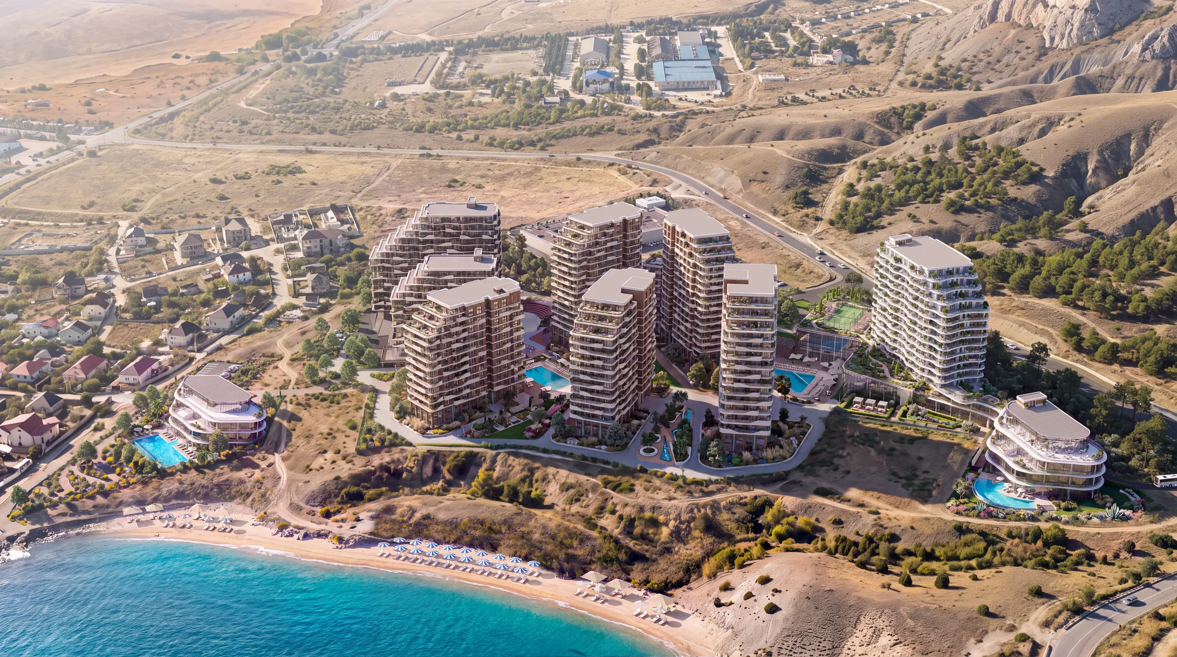 Комплекс на берегу бухты, вид с моря